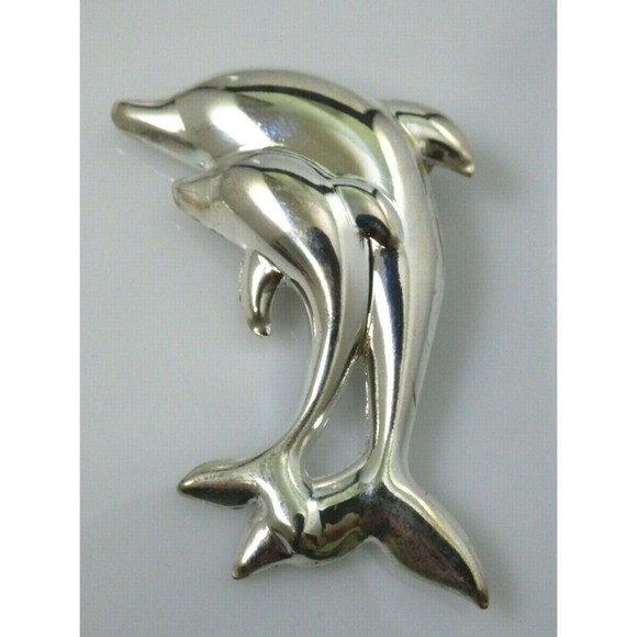 Dolphin Pendant Brooch Jewelry Set Pierced Earrings Silver Tone Vintage Shiny! - Picture 9 of 12